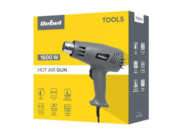 Varmepistol 1600 W REBEL RB-1098 med justerbar temperatur og ergonomisk design
