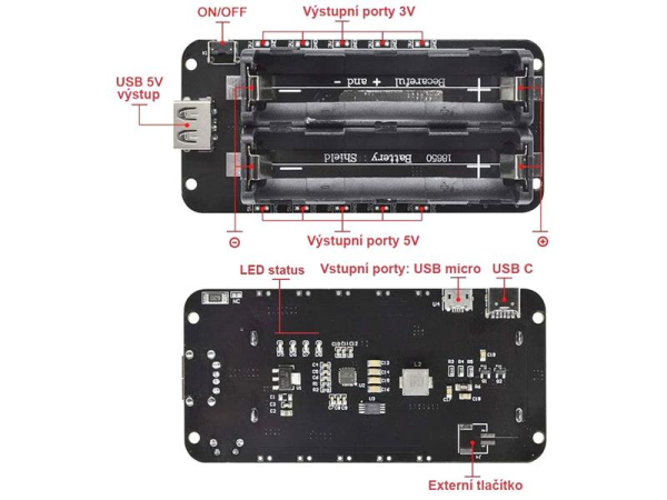 Battery charger-power bank, V8 module for ESP32, ESP8266 for 2x Li-Ion 18650