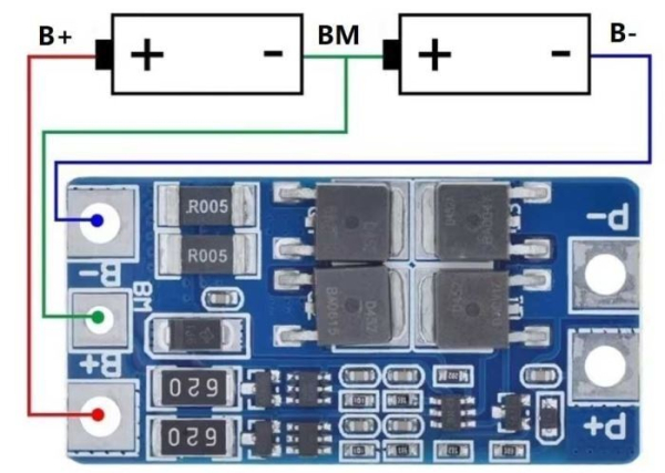Protection circuit and balancer for 2 Li-Ion 18650 cells, current up to 10A