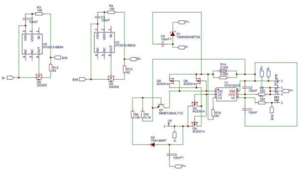 Protection circuit and balancer for 2 Li-Ion 18650 cells, current up to 10A