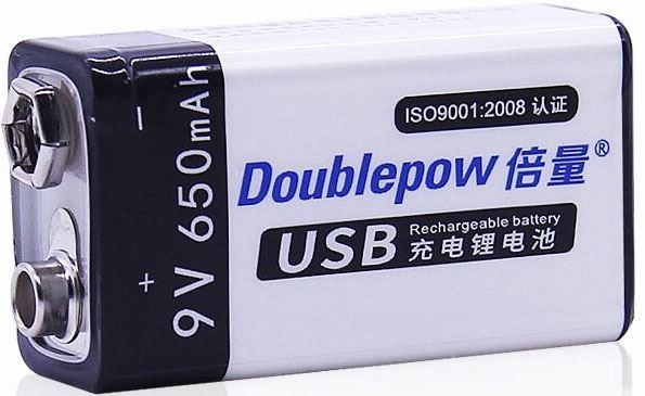 Rechargeable battery Li-Ion 9V 650mAh 6F22, Doublepow, USB power supply