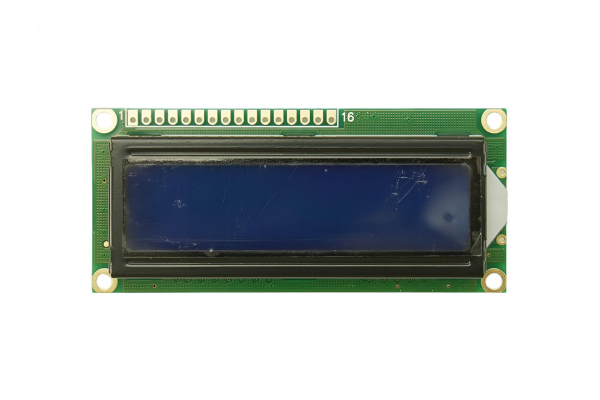 16x2 tegn-LCD, hvid tekst på blå baggrund