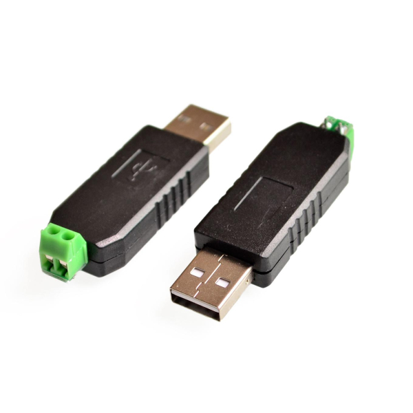 USB til RS485-adapter set fra både USB-siden og RS485-skrueterminalen