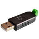 Sort USB til RS485-adapter med USB-A-stik og grøn 2-polet skrueterminal