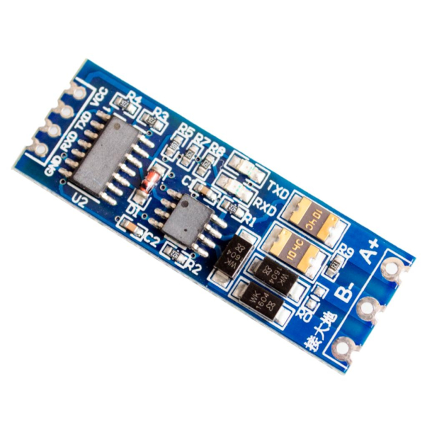 RS485 til TTL-modul (XY-017) set oppefra med GND/RXD/TXD/VCC-header og A+/B- terminaler