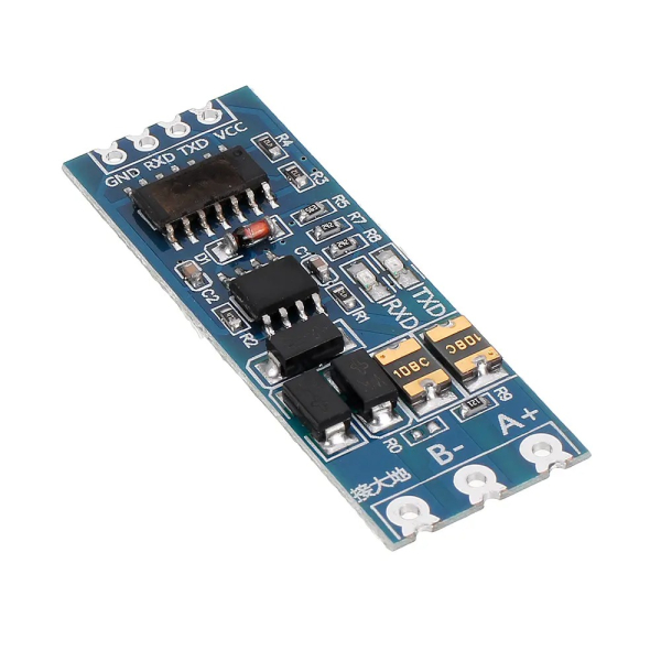 RS485 til TTL-modul – skråbillede af komponentsiden med B-/A+ terminaler