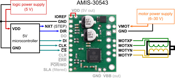 Pololu AMIS-30543 stepper driver carrier – forbindelses-/skema-diagram