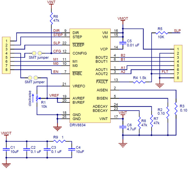 Pololu DRV8834 stepper driver carrier – undersiden med mål