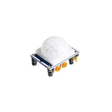 HC-SR501 PIR bevægelsessensor – set skråt oppefra med hvid Fresnel-kuppellinse, orange trimmere og triggermode-jumper