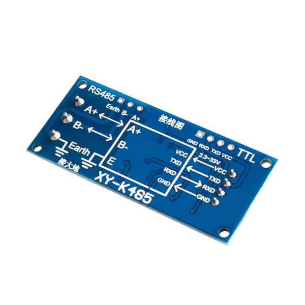 TTL til RS485 konverter – underside med tilslutningsdiagram (A+/B-/Earth, VCC/TXD/RXD/GND, 3,3-33 V)