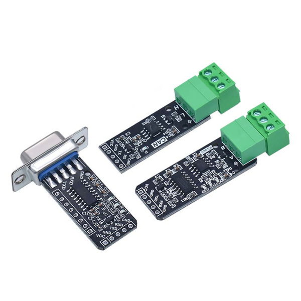 RS232-, RS485- og CAN-til-TTL konvertermoduler med headers og skrueterminaler – RS232-varianten har DB9-hunstik