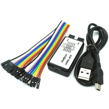 USB logic analyzer 24 MHz 8 kanaler med medfølgende farvede prøvekabler (jumperledninger) og mini-USB-kabel