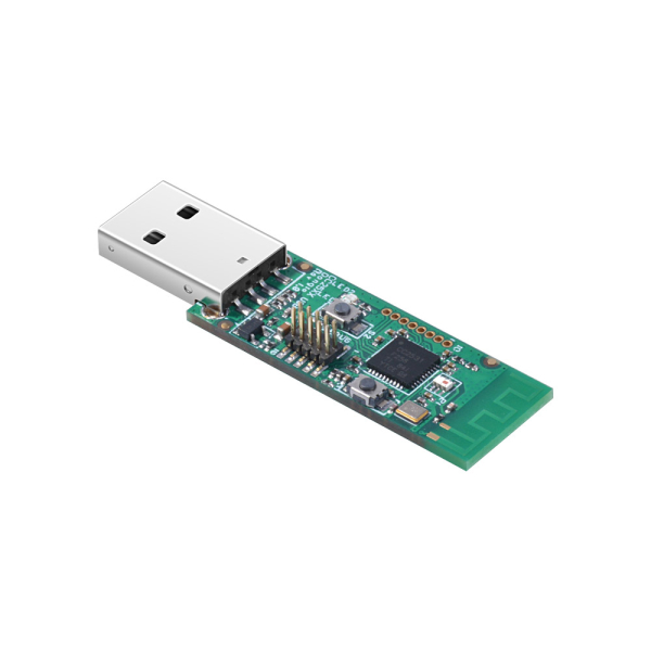 Zigbee CC2531 USB dongle – detalje med knapper og LED'er