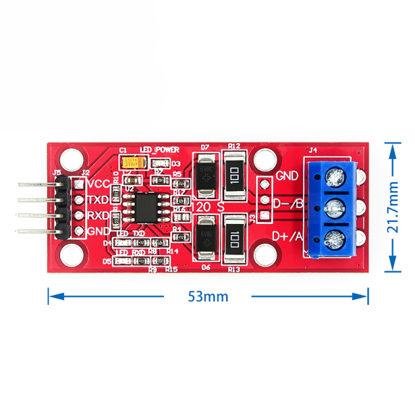 MAX3485 RS485-modul set lige forfra med målene 53 mm x 21,7 mm, TTL-ben VCC/TXD/RXD/GND til venstre og RS485-skrueterminal GND/D-/B/D+/A til højre