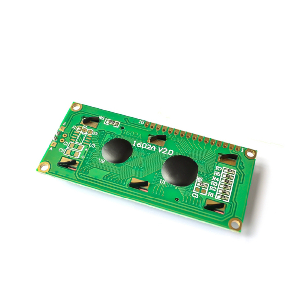 Bagsiden af 1602A LCD-modulet med grønt printkort, silketryk 1602A V2.0 og loddepunkter til det 16-benede interface