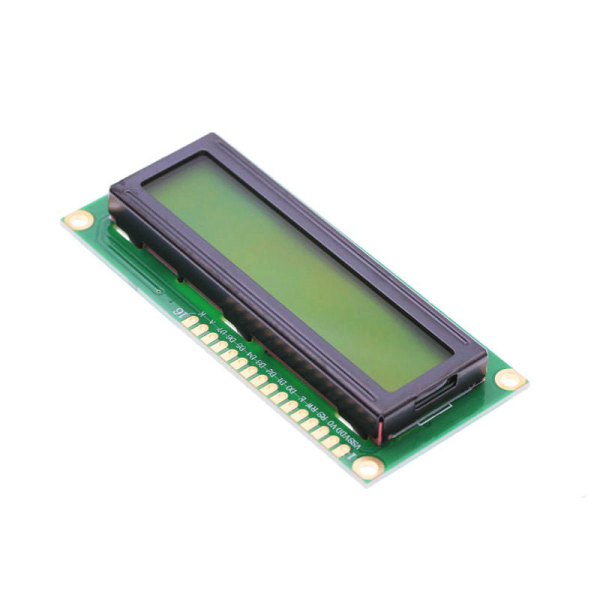 1602A tegn-LCD set skråt fra den anden side med gul-grønt baggrundslys og den 16-benede tilslutningsrække langs kanten