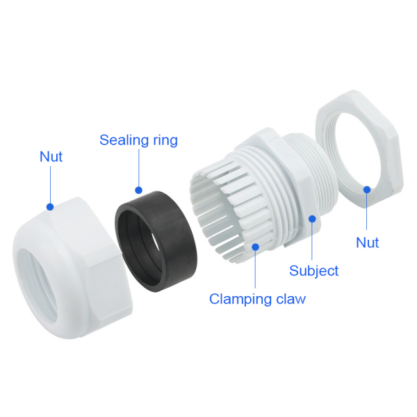 Kabelforskruning M22×1,5 hvid – IP68 vandtæt (nylon, kabel ca. Ø10-14 mm)