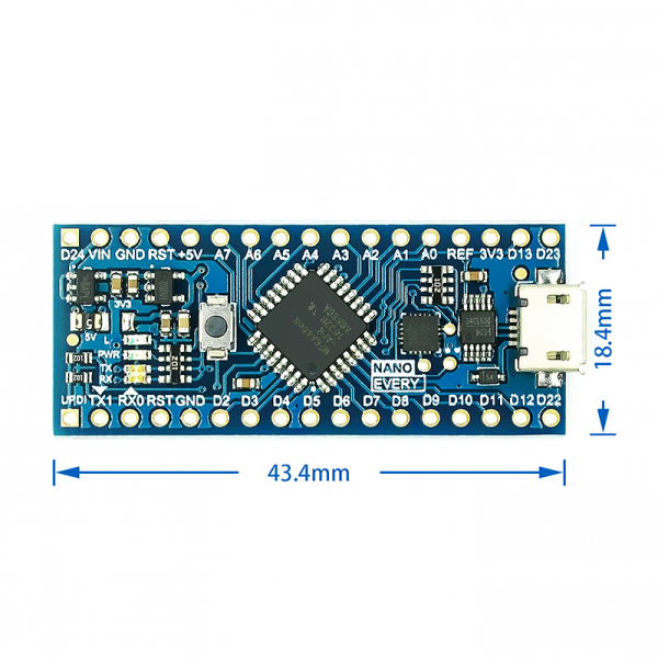 Nano Every-kompatibelt board (ATmega4808) – 5V AVR med USB, Nano-formfaktor