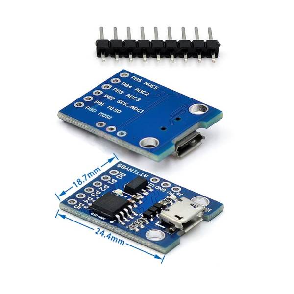 Blåt ATtiny85 board med indbygget USB til Arduino IDE